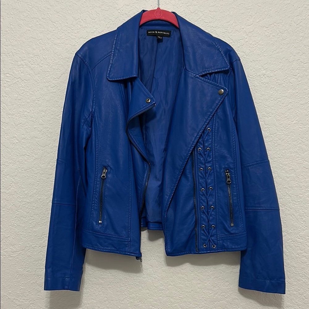 Rock & Republic Blue Faux Leather Jacket Large